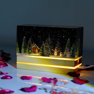 Christmas Resin Lamp: Handmade Epoxy Night Light, Winter Village Decor