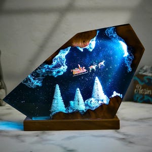 Epoxy Resin Winter Forest Bedroom Lamp, Winter Forest and Santa Claus, Table Lamp, Unique Christmas Home Decor Gift, Winter Gifts for Him
