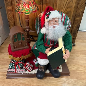 Christmas Animated Santa Reading Book In Chair With Radio & Lamp