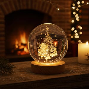 Christmas Crystal Ball LED Night Light - 3D Laser Engraved Santa Snowman, Reindeer - Color Chaning Cyrystal Lamp Gift Decor, Holiday Gift