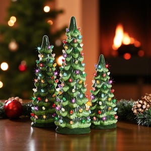 Vintage Lighted Resin Christmas Tree: Hand-Painted Holiday Decor