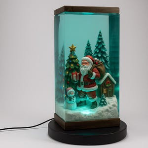 Santa Claus Epoxy Resin Lamp – Christmas Holiday Night Light with Tree & Snow Scene – Handmade Gift