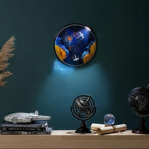 Handmade Galaxy Round Wall Lamp – Epoxy Resin Spaceship Battle Lamp, Sci-Fi Night Light, Christmas Gift, Home Decor, Personalization Lamp